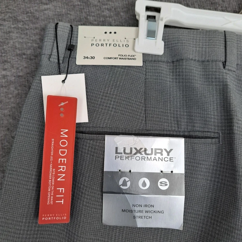 Perry Ellis Mens Modern Fit Dress Pant 36x30* Gray Windowpane Stretch Luxury NWT